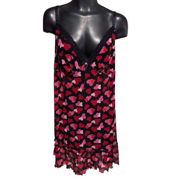 Cacique Intimates Womens Plus Size 14/16 Black Mesh Chemise Slip Pink Red Hearts - Picture 2 of 15